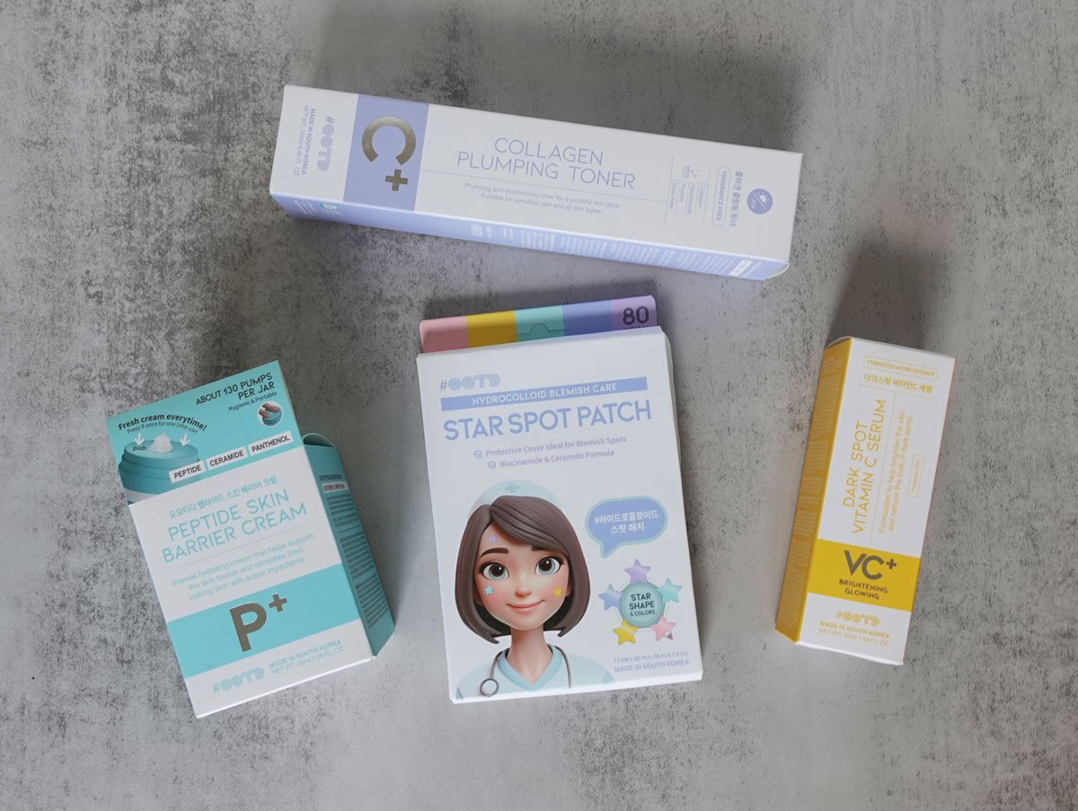 A collection of #OOTD skincare products including star-shaped hydrocolloid pimple patches, Collagen Plumping Toner, Potent Vitamin C Serum, and Peptide Moisturizer Cream arranged.
